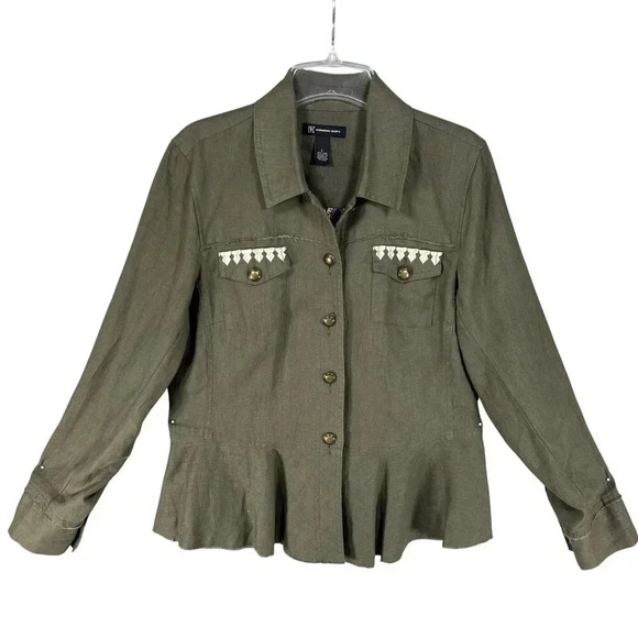 INC International Concepts Womens L Green Linen Embroidered Jacket Peplum Hem - Picture 1 of 16